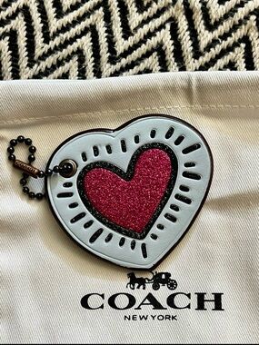 NEW COACH x KEITH HARING Heart Leather Bag Charm Glitter Pink White w/ Dust Bag